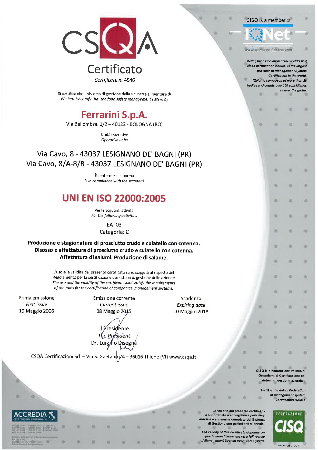 Certificato CSQA 22000 Ferrarini Cavo 8 e Cavo 8A-8B 2015-1.jpg